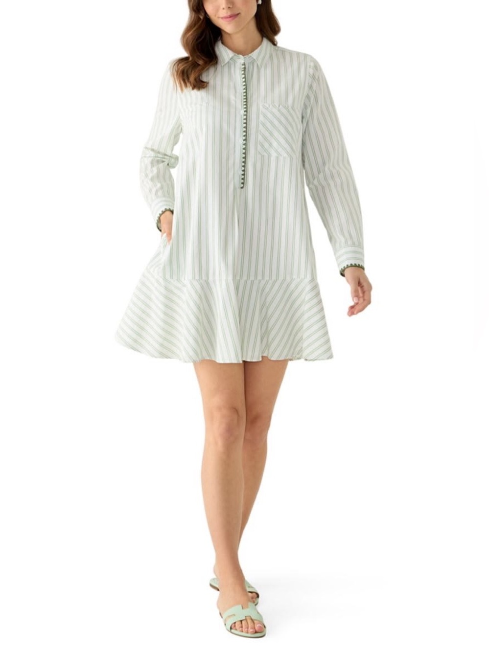 NWT Crown & Ivy Women's Long Sleeve Mini Shirtdress
Color: Ivory Olive Stripe